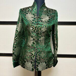 Green & Gold Silk-look Floral Brocade Chinese Jacket, Size XS